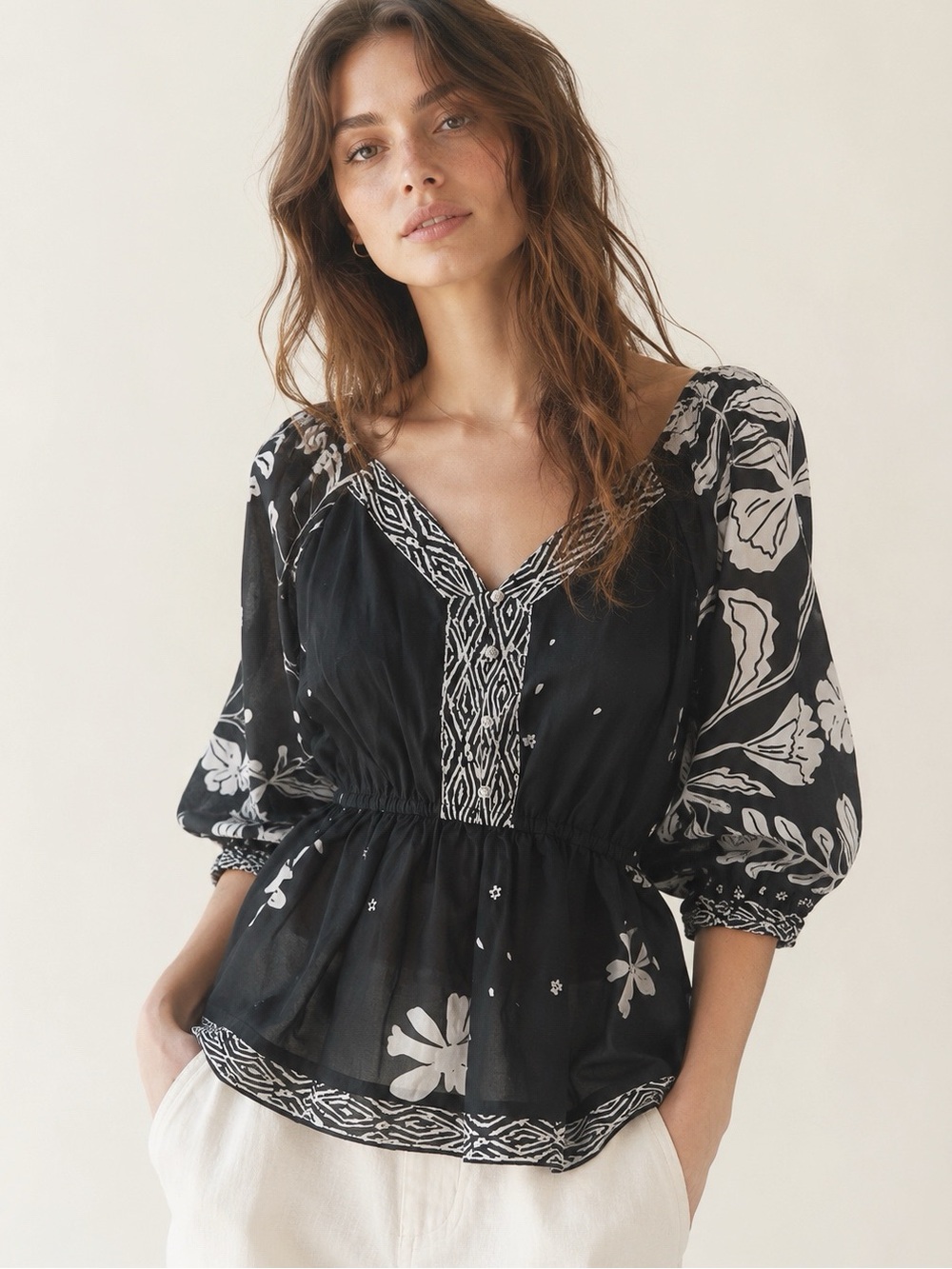 River Island Woman Black Floral Peplum Puff Sleeve Blouse US12 Cottagecore Boho